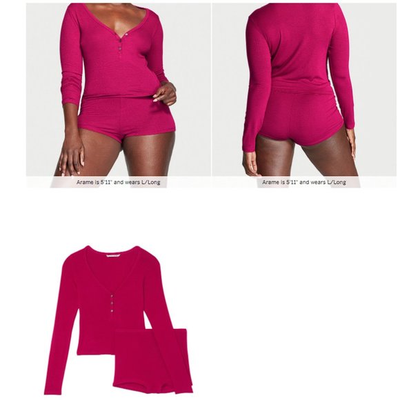 VICTORIA'S SECRET XL Ribbed Modal Henley Short Pajama Set NWT Claret Red Comfy - Picture 2 of 8